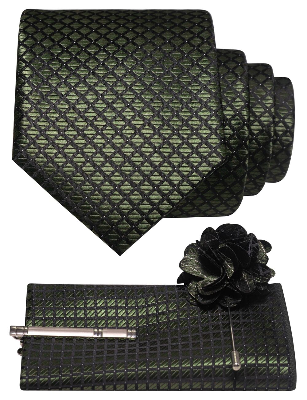 3002 Plaid Olive Green Tie and Lapel Pin Necktie Pocket Square and Tie Clip